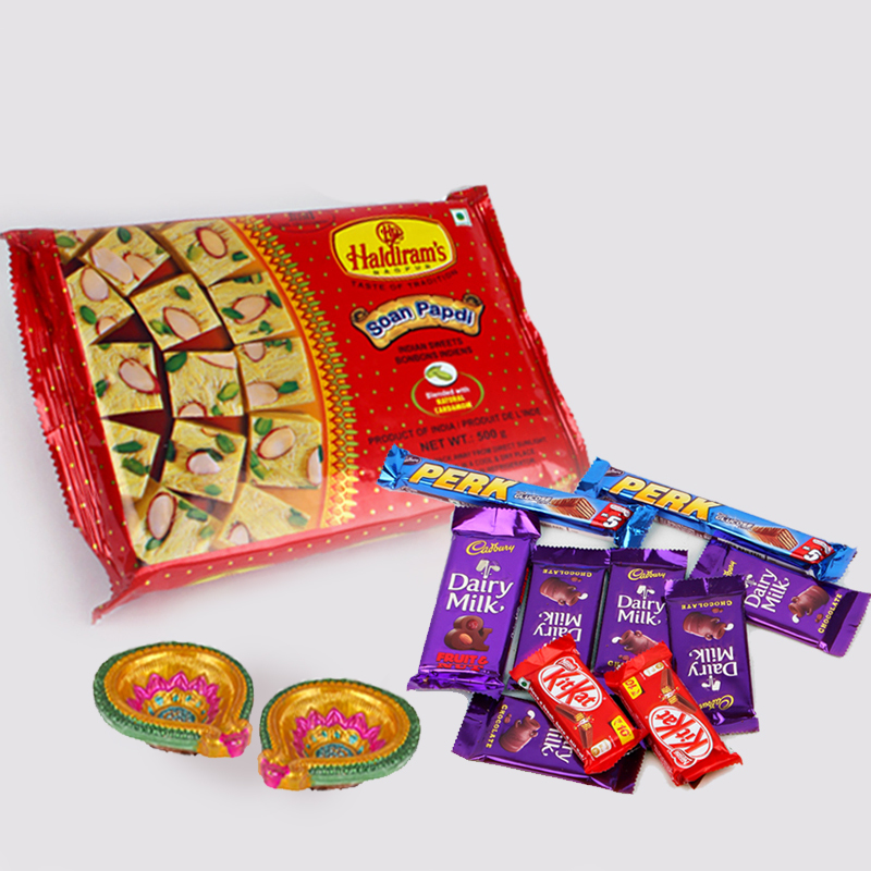 Soan Papdi with 10 Assorted Indian Chocolates Bar and Diwali Diya