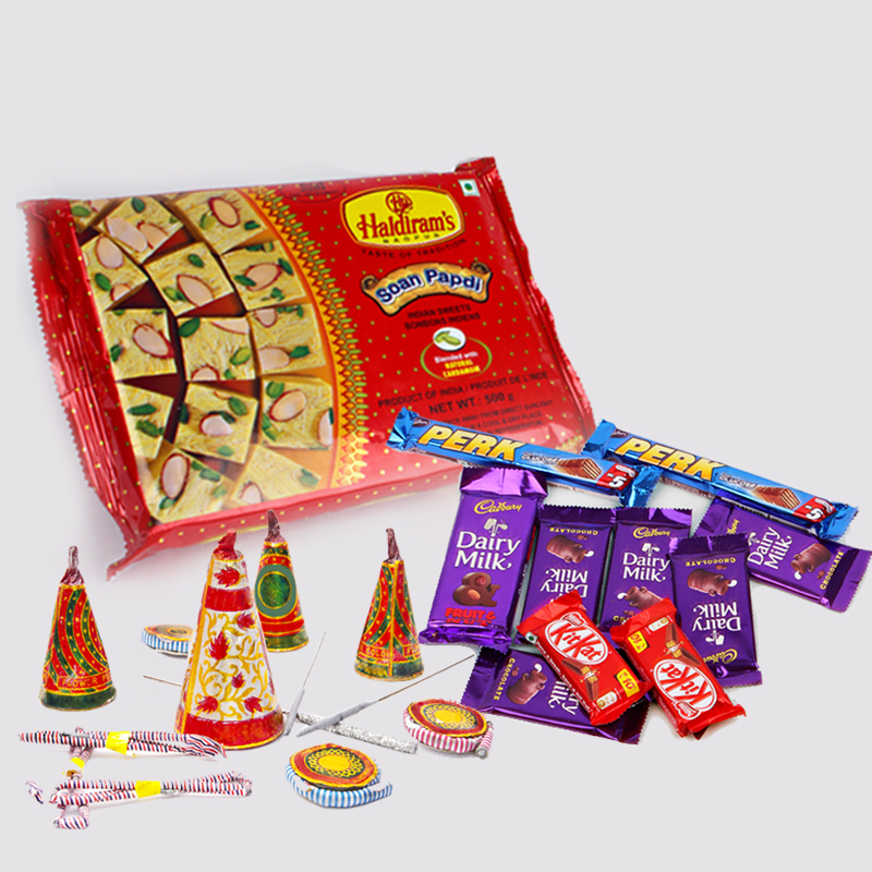 Soan Papdi with Assorted Indian Chocolates and Diwali Diya
