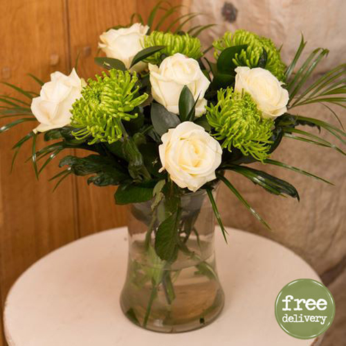 Six White Roses In classic Vase