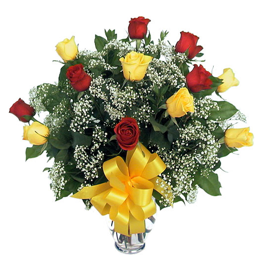 Vase Arrangement of Red and Yellow Roses