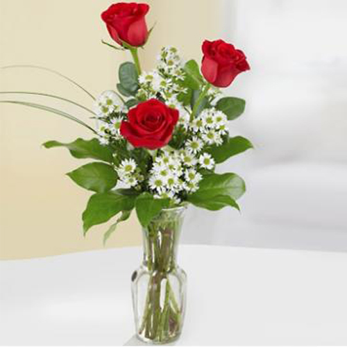3 red roses in the designer glass vase