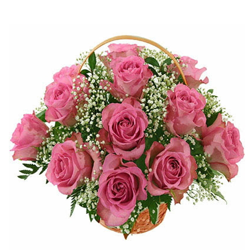 10 Pink Roses in Basket