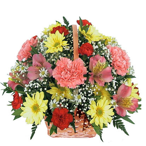 Basket Of 15 Yellow And Pink Flowers