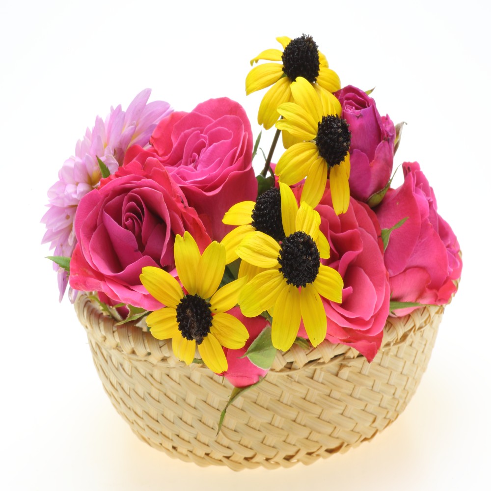Roses And Yellow Gerberas In Basket