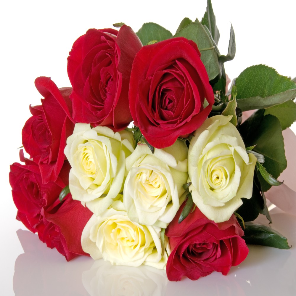 Ten Red And White Roses Bouquet