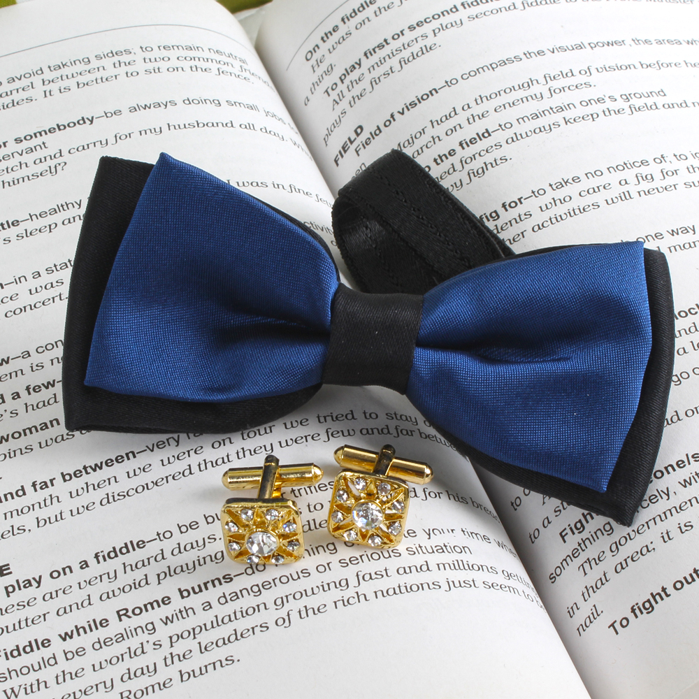 Navy Blue Micro Jacquard Bow Tie with Golden Cufflink