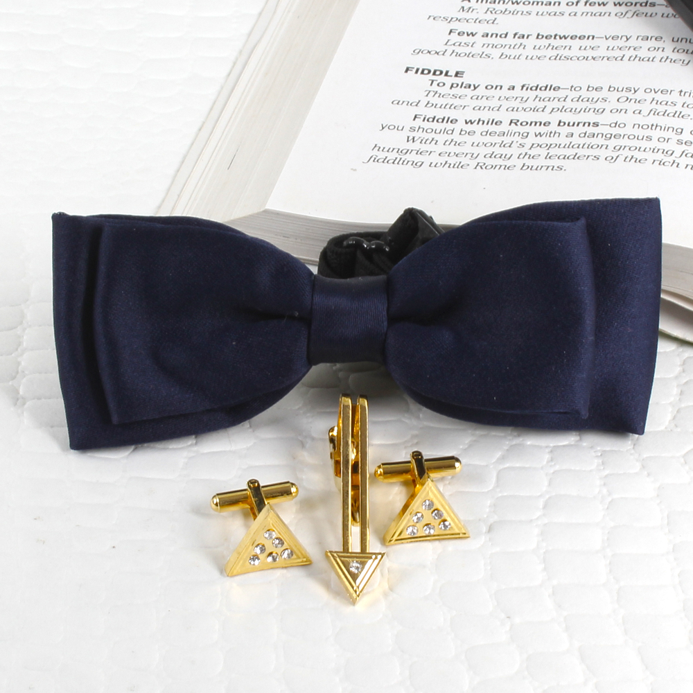 Polyester Navy Blue Bow Tie with Golden Cufflink and Tie Pin