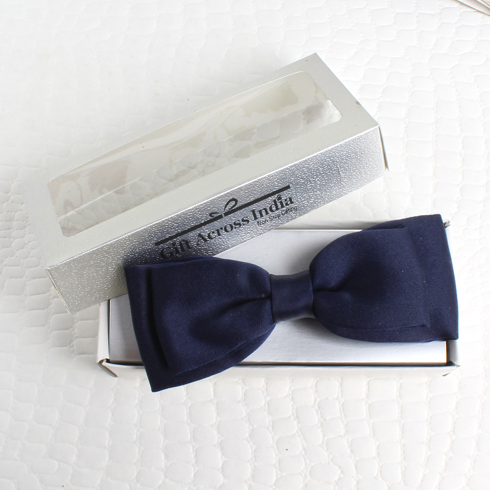 Polyester Navy Blue Bow Tie with Golden Cufflink and Tie Pin