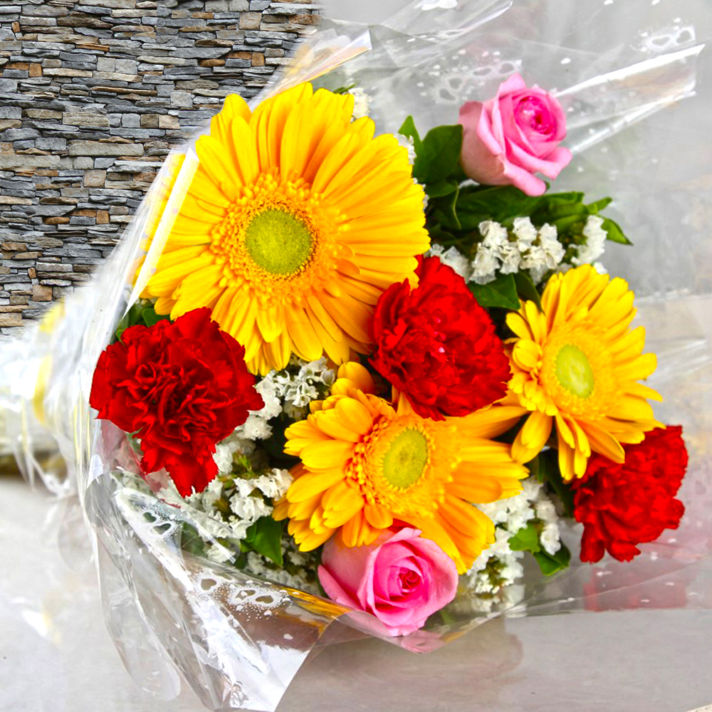 Bouquet of Bright Color Gerberas, Carnations with Roses