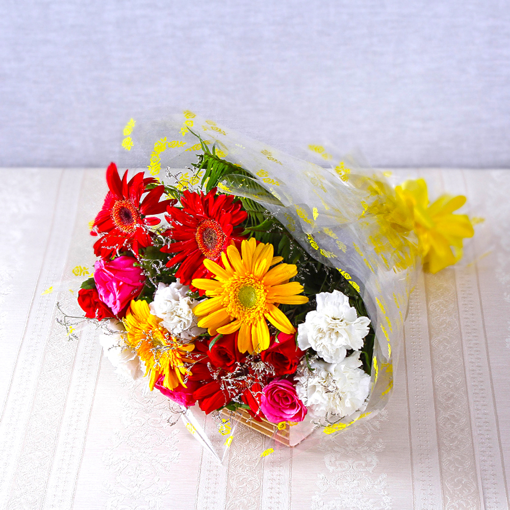 Bunch of Fifteen Colorful Gerberas, Carnations with Roses