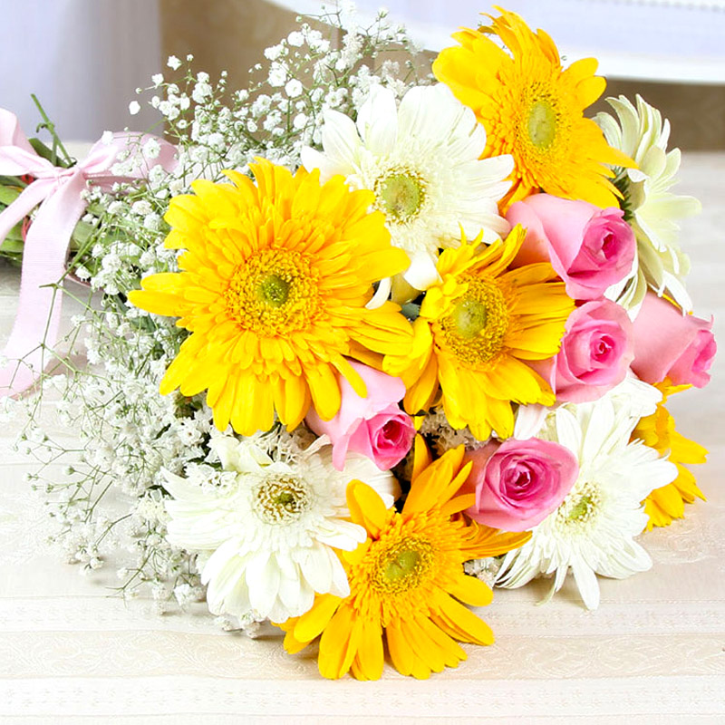 Hand Tied Bunch of Yellow and White Gerberas with Pink Roses