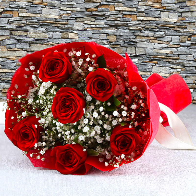 Bouquet of Six Red Roses with Tissue Wrapping
