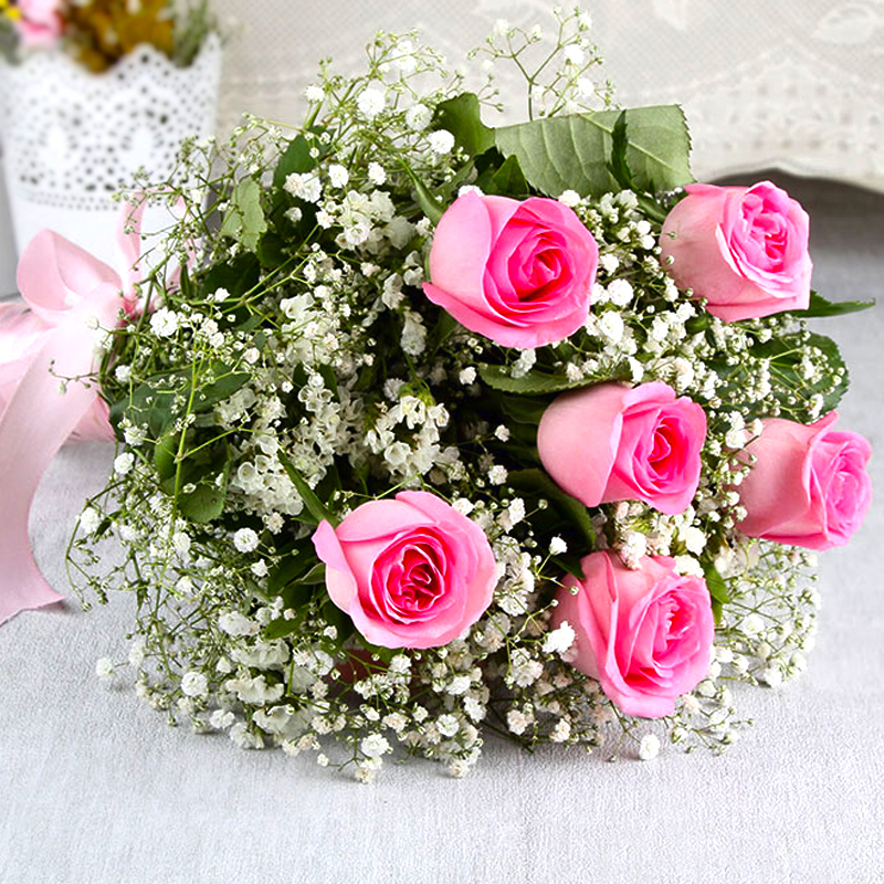 Hand Tied Bunch of Fresh Six Pink Roses