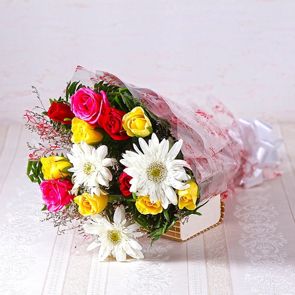 Bunch of White Gerberas with Multi Colour Roses