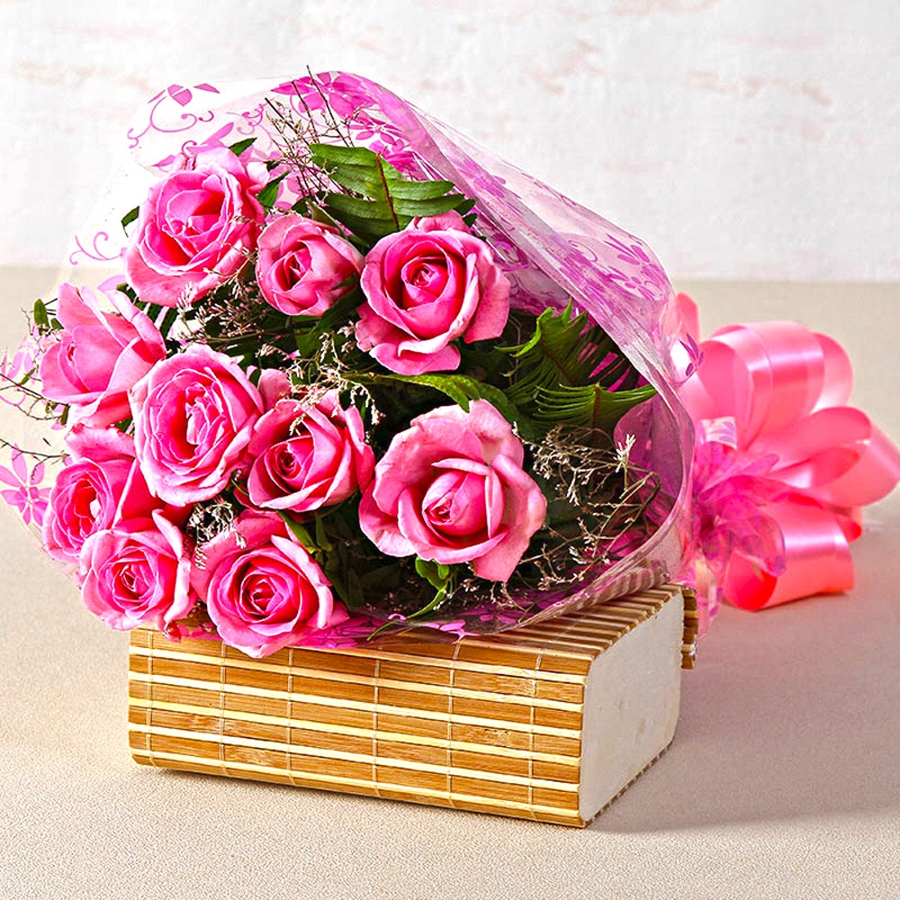 Beautiful Ten Pink Roses Hand Tied Bunch