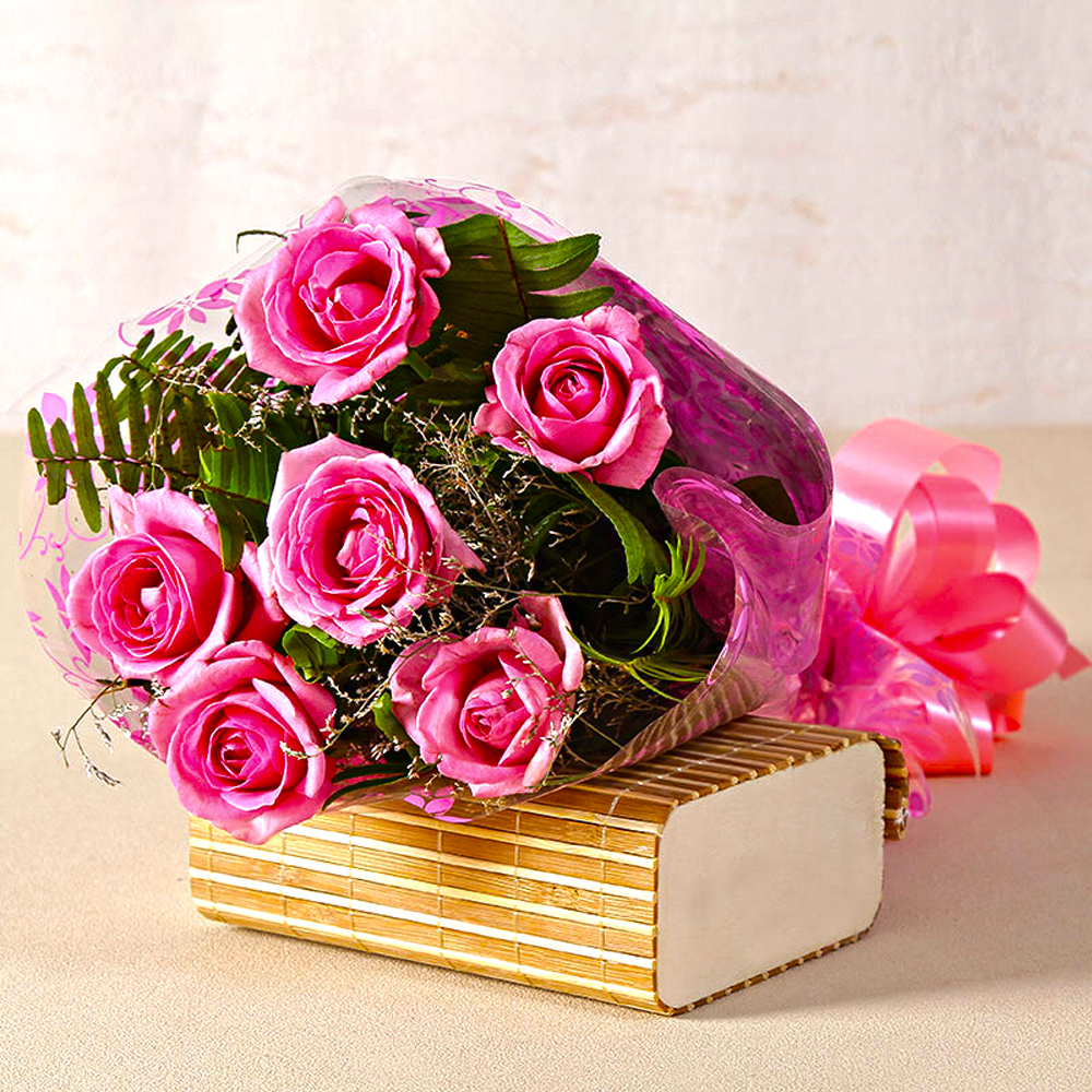 Lovely Six Pink Roses Bouquet with Cellophane Wrapped