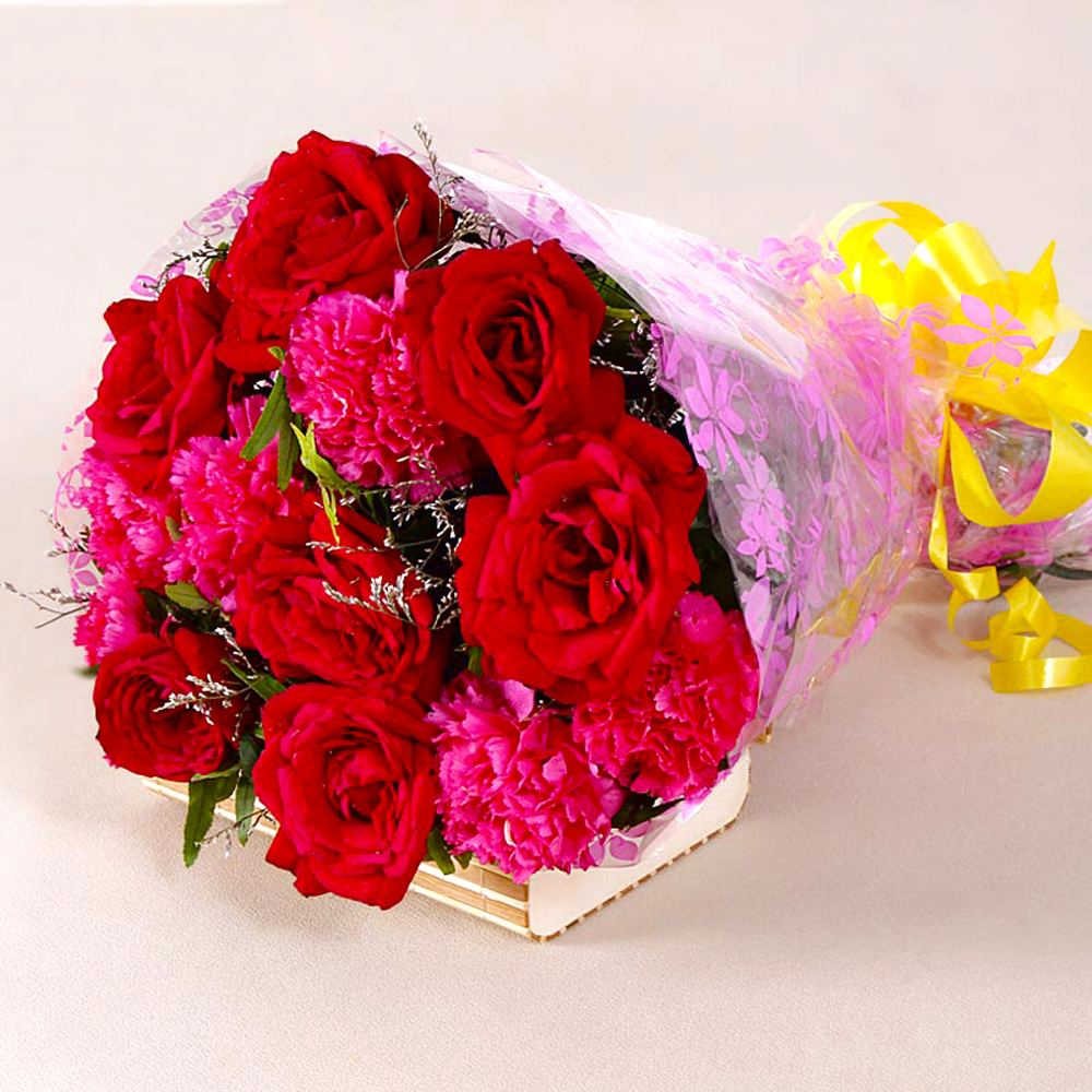 Bouquet of Red Roses and Pink Carnations