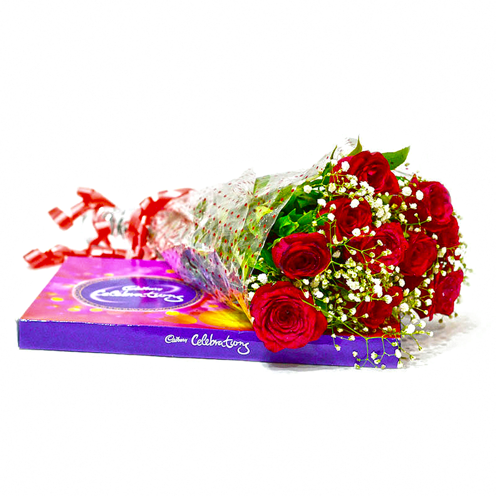 Ten Red Roses with Cadbury Celebration Chocolate Box