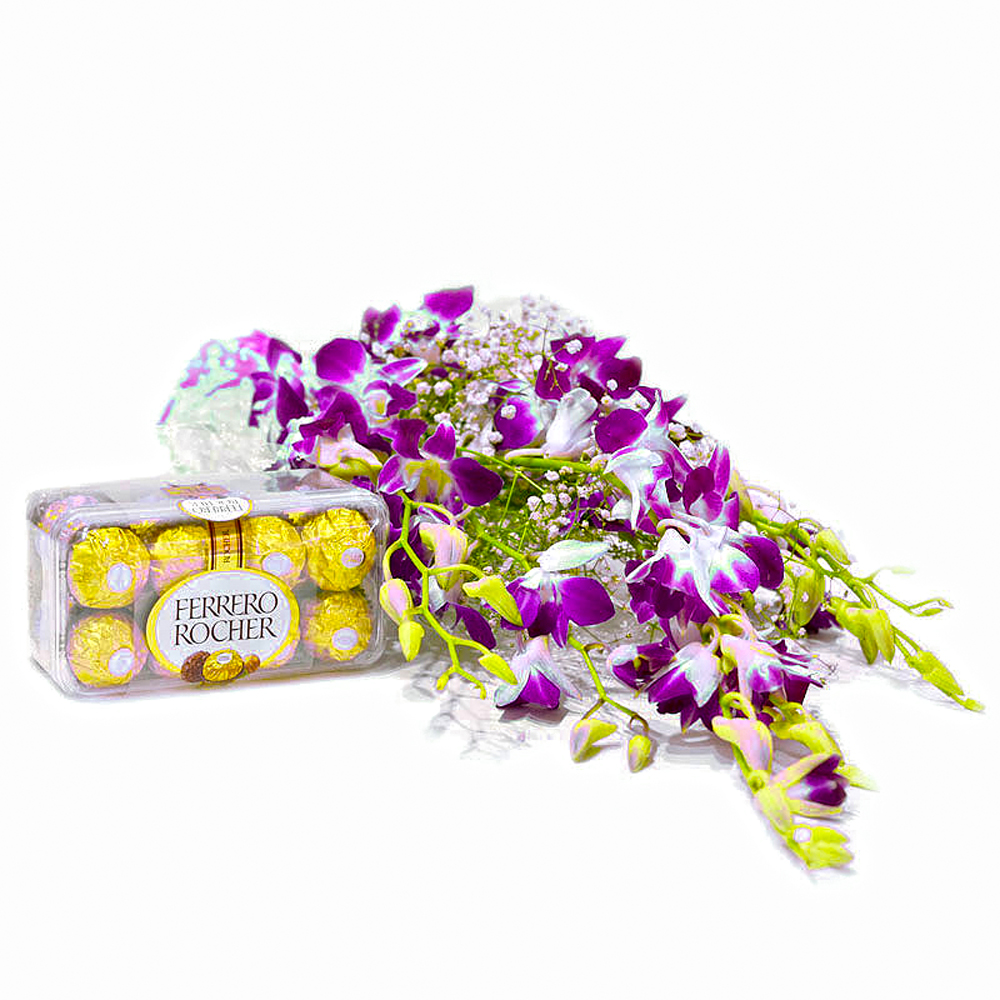 Bouquet of 6 Purple Orchid with Imported Ferrero Rocher Chocolate Box