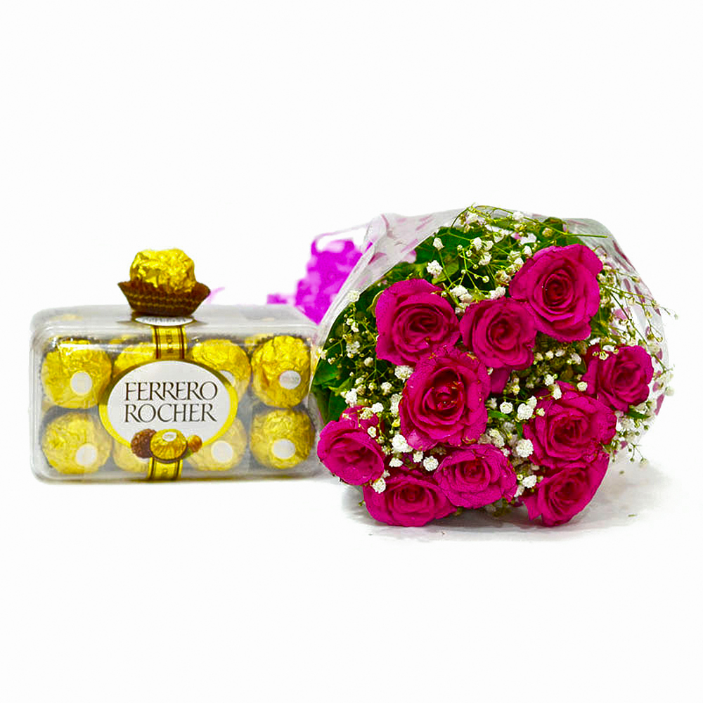 Ten Pink Roses Bunch with 16 pcs Ferrero Rocher Chocolate Box