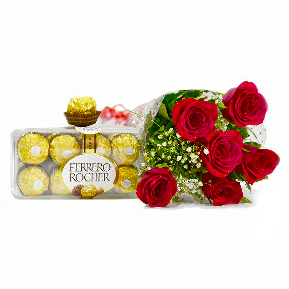 Bunch of 6 Red Roses with Ferrero Rocher Imported Chocolate Box