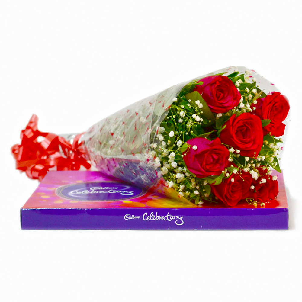 Bouquet of Six Red Roses with Celebration Chocolate Box