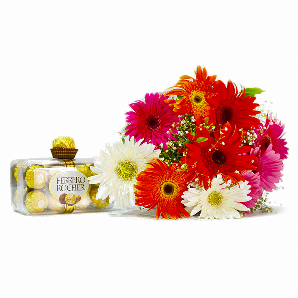 Bouquet of Ten Mix Gerberas with 200 Gms Ferrero Rocher Chocolate Box