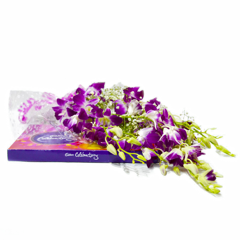 Bouquet of Six Purple Orchids with 118 Gms Celebration Chocolate Box
