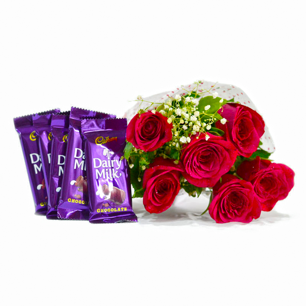 Bunch of Six Red Roses with Bars of Cadbury Dairy Milk Chocolates