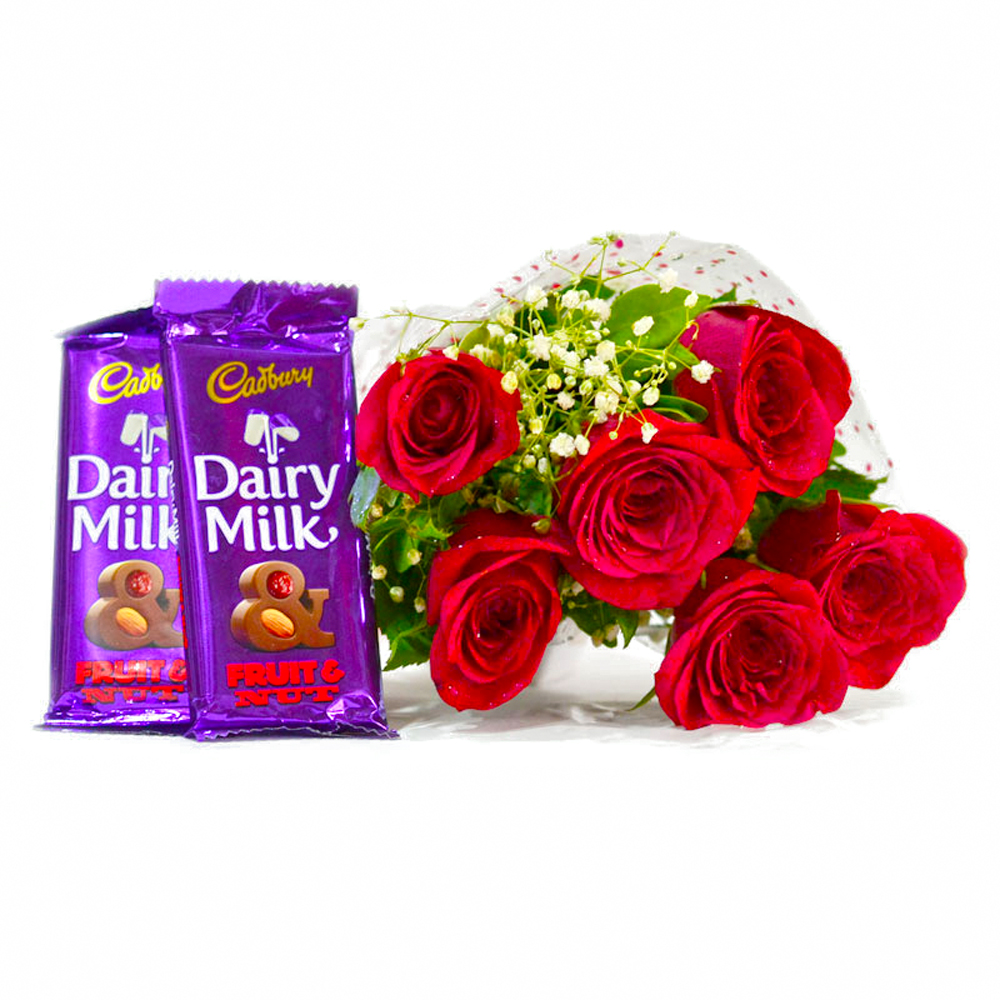 Six Red Roses Bouquet with Bars of Cadbury Fruit and Nuts Chocolate