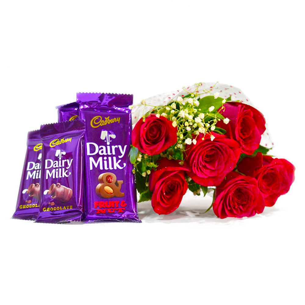 Bouquet of 6 Red Roses of with Assorted Bars of Cadbury Dairy Milk Chocolates