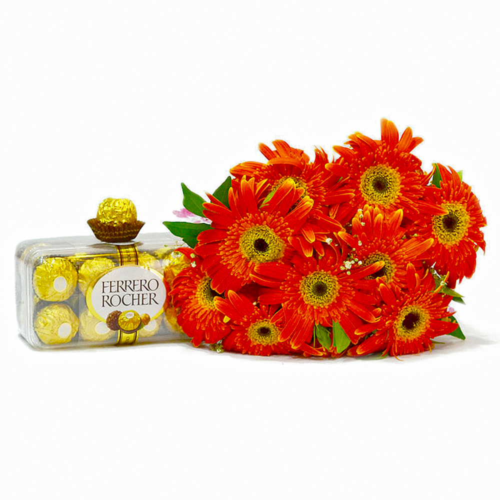 Bouquet of 10 orange Gerberas with 16 pcs Ferrero Rocher Chocolates