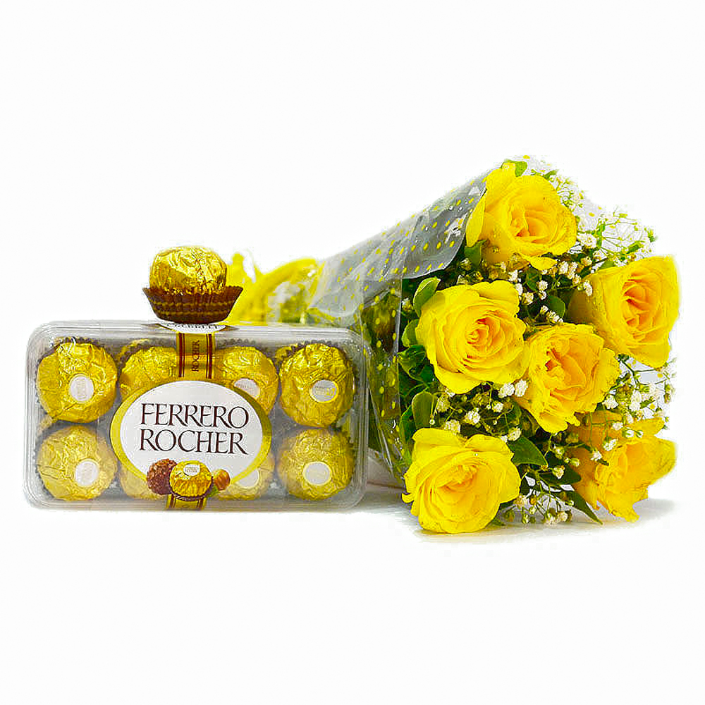 Bunch of 6 Yellow Roses with Ferrero Rocher Chocolate Box