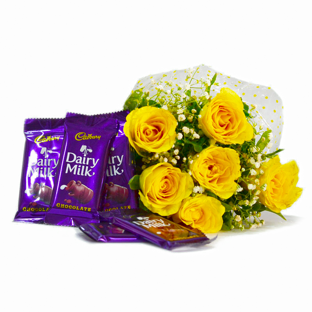 Bunch of 6 Yellow Roses with Cadbury Dairy Milk Chocolate Bars