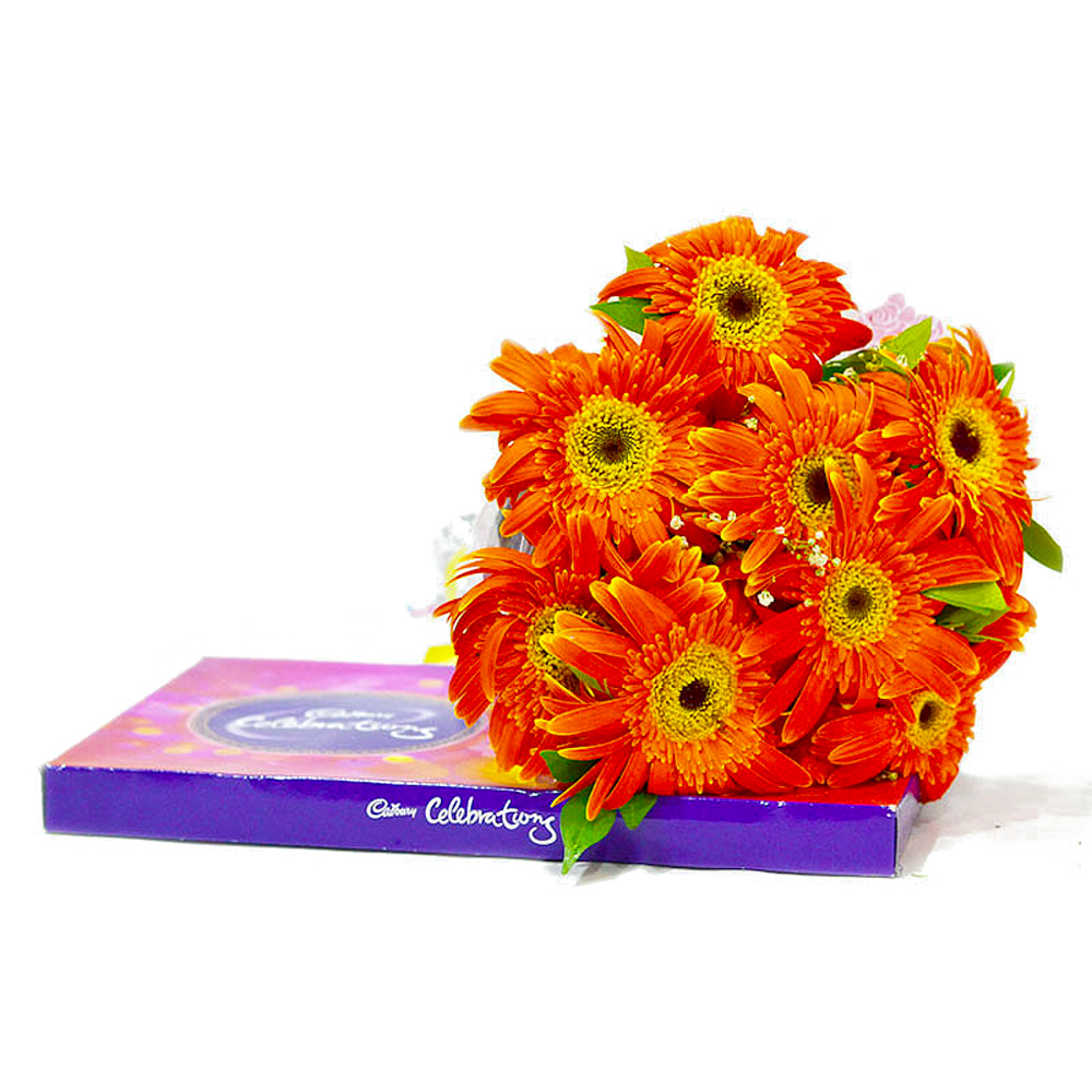 Bouquet of 10 orange Gerberas with 119 Gms Celebration Chocolate Box