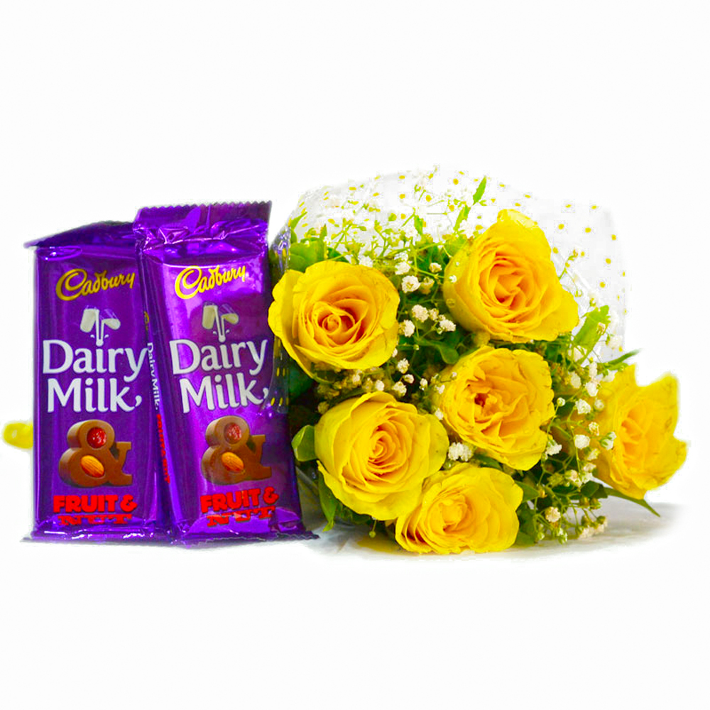 Bunch of 6 Yellow Roses with Mouthmelting Cadbury Fruit and Nut Chocolate Bars