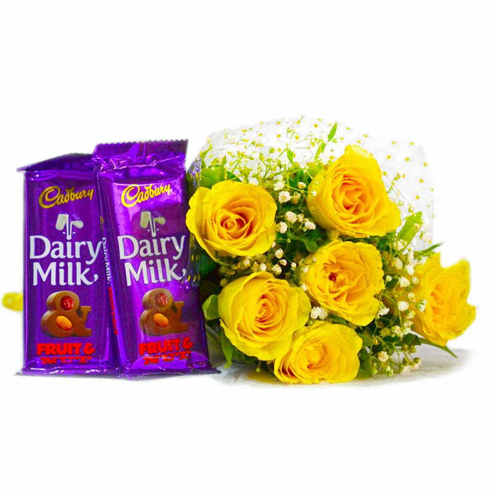 Bunch of 6 Yellow Roses with Mouthmelting Cadbury Fruit and Nut Chocolate Bars