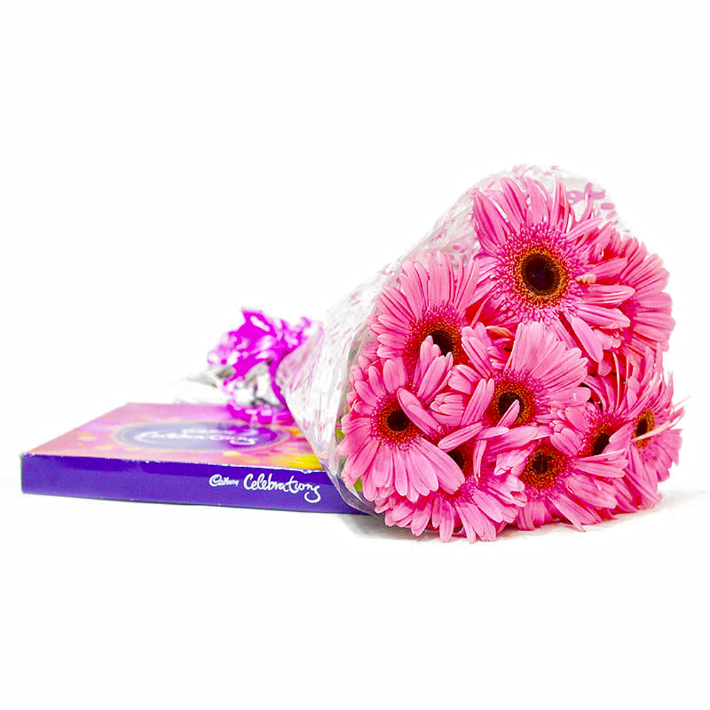 Bouquet of 10 Pink Gerberas with Celebration Chocolate Box