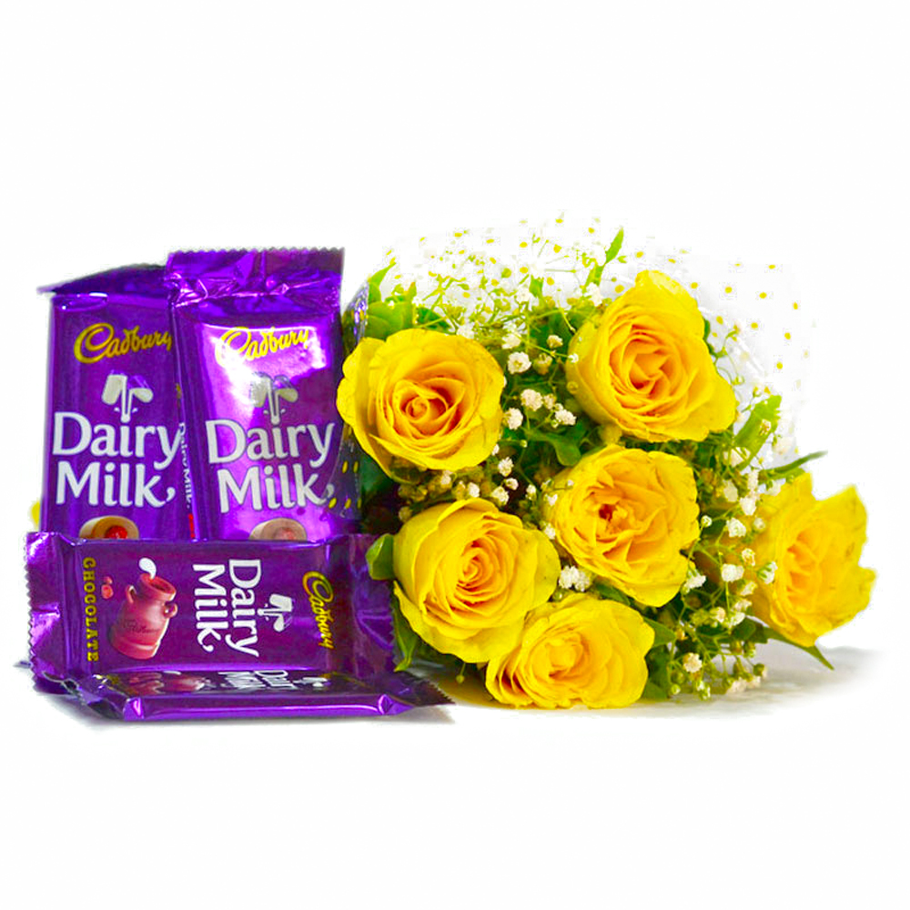 6 Yellow Roses of Bouquet with Assorted Bars of Cadbury Dairy Milk Chocolates