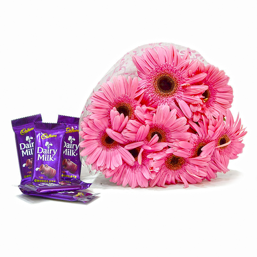 Bunch of 10 Pink Gerberas with Five Cadbury Dairy Milk Chocolate Bars