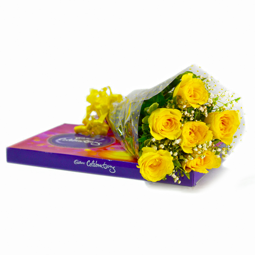 Hand Tied Bunch of 6 Yellow Roses with Celebration Chocolate Box