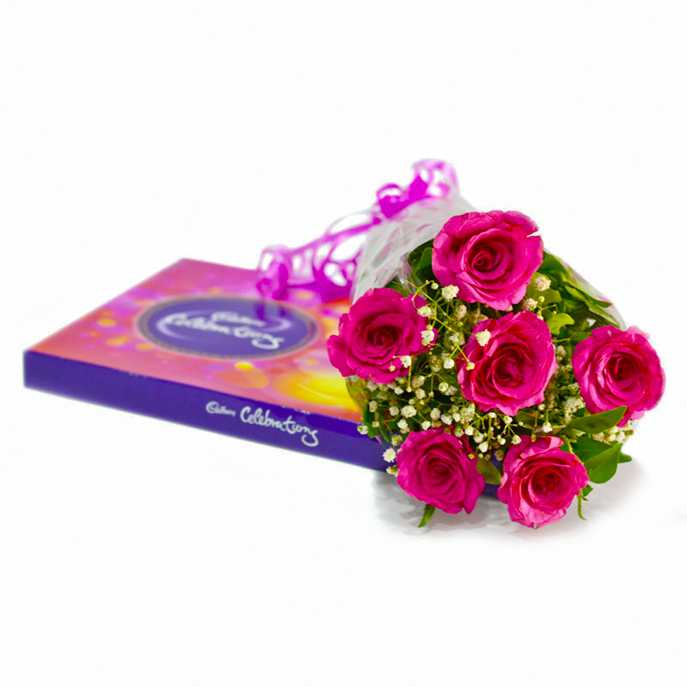 Bouquet of 6 Pink Roses with Cadbury Celebration Chocolate Box