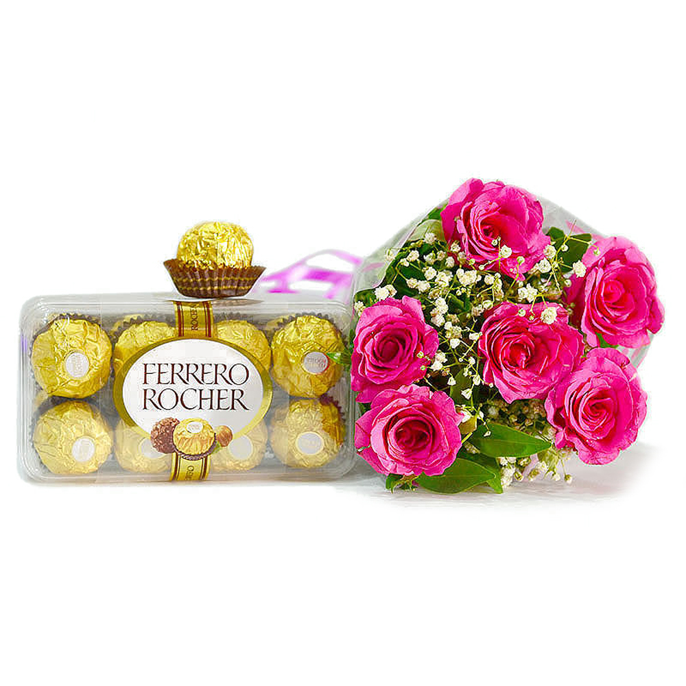 Six Pink Roses Bouquet with Imported Ferrero Rocher Chocolates