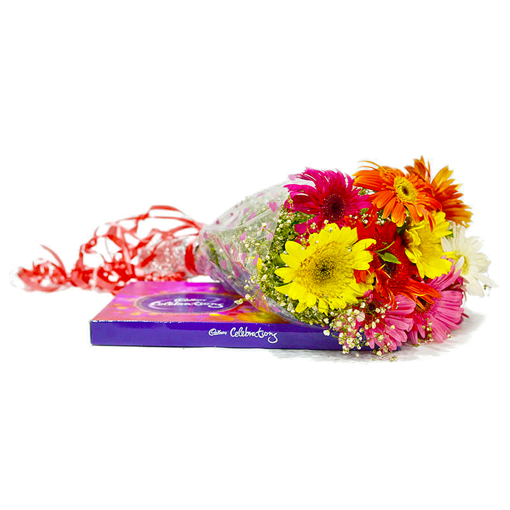 Hand Tied Bouquet of 10 Mix Gerberas with Celebration Chocolate  Box