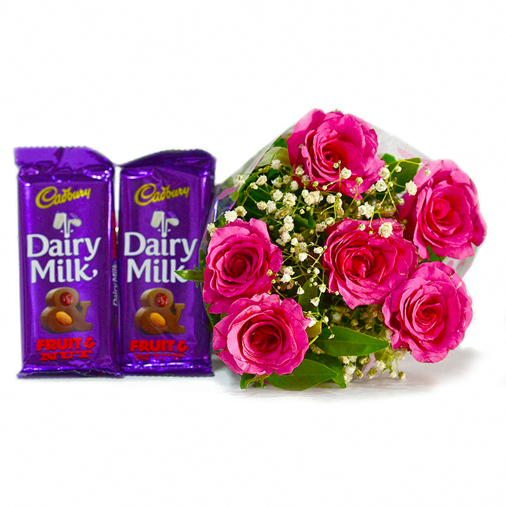 6 Pink Roses of Bouquet with Two Bars of Cadbury Fruit and Nut Chocolate