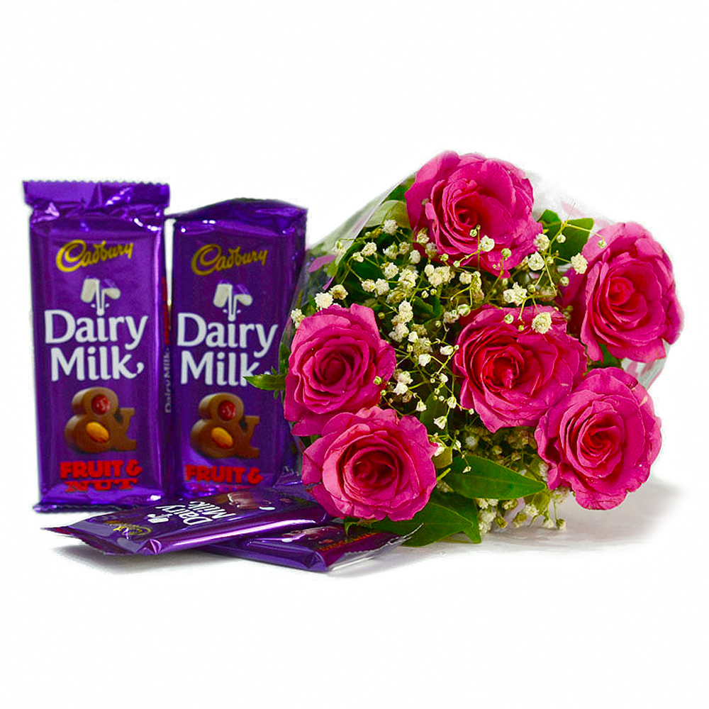 Bouquet of 6 Pink Roses of with Assorted Bars of Cadbury Chocolates