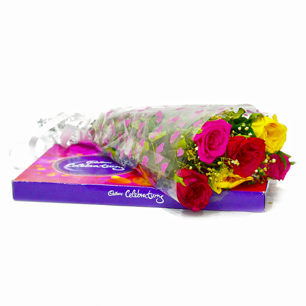 Six Mix Roses Bouquet with Cadbury Celebration Chocolate  Box