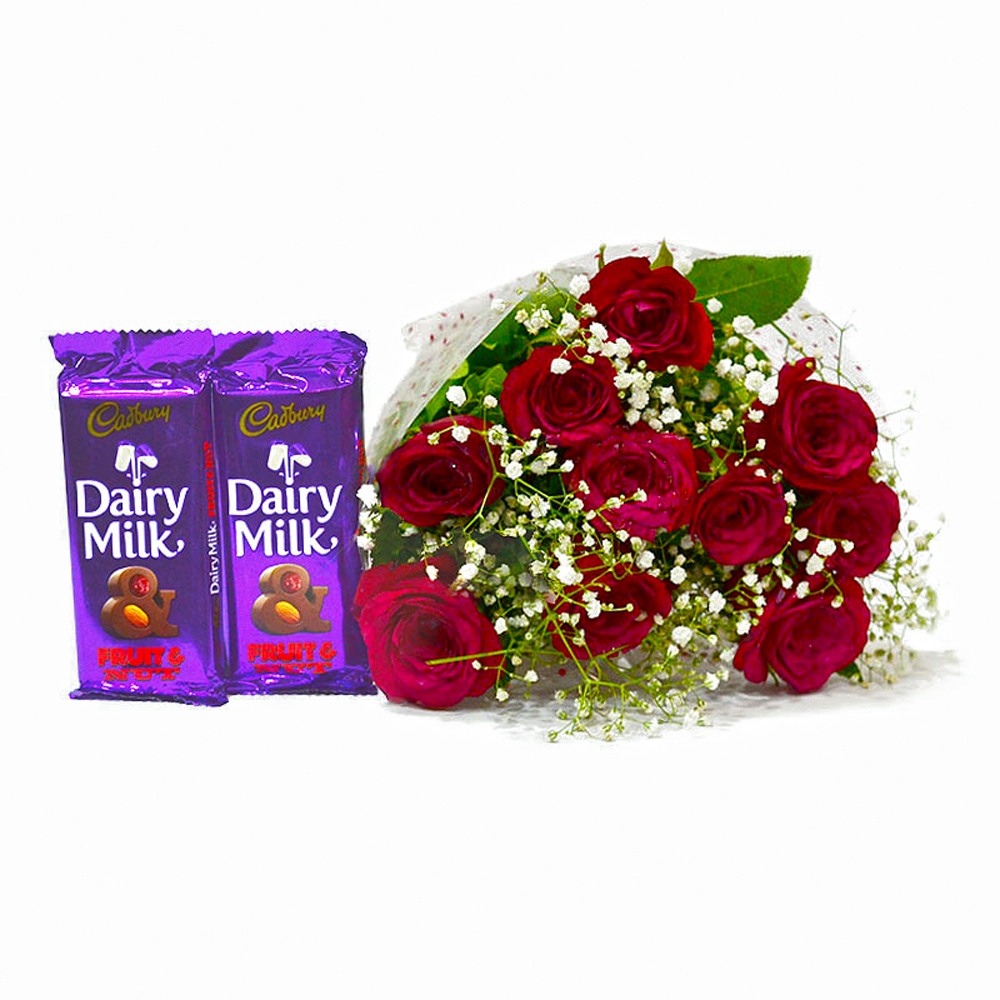 Bunch of 10 Romantic Red Roses with Bars of Cadbury Fruit N Nut Chocolates
