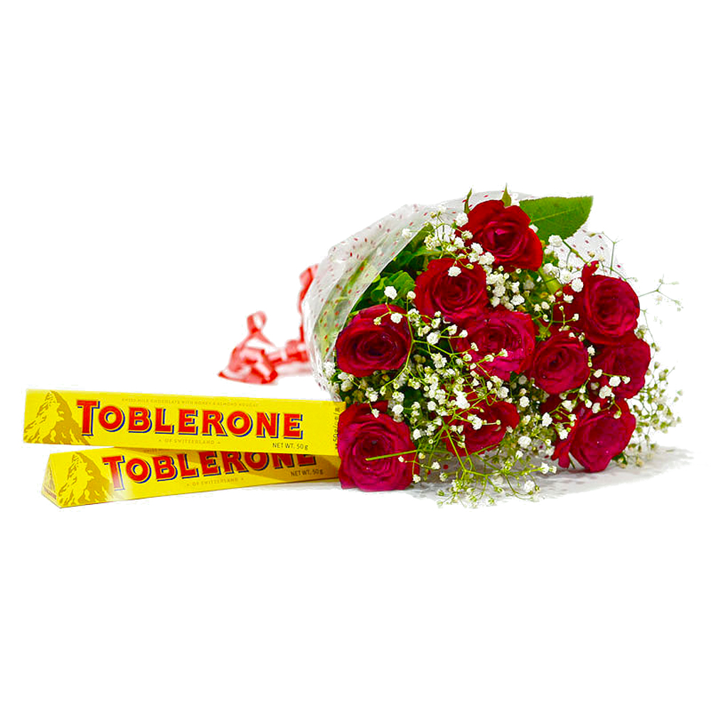 Ten lovely Red Roses with Toblerone Chocolate Bars
