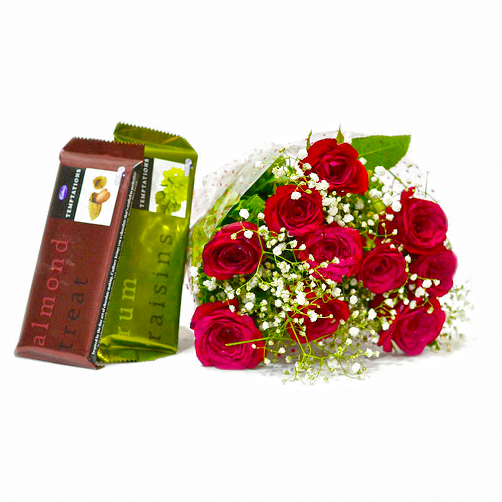 Ten lovely Red Roses Bouquet with Bars of Temptation Chocolate